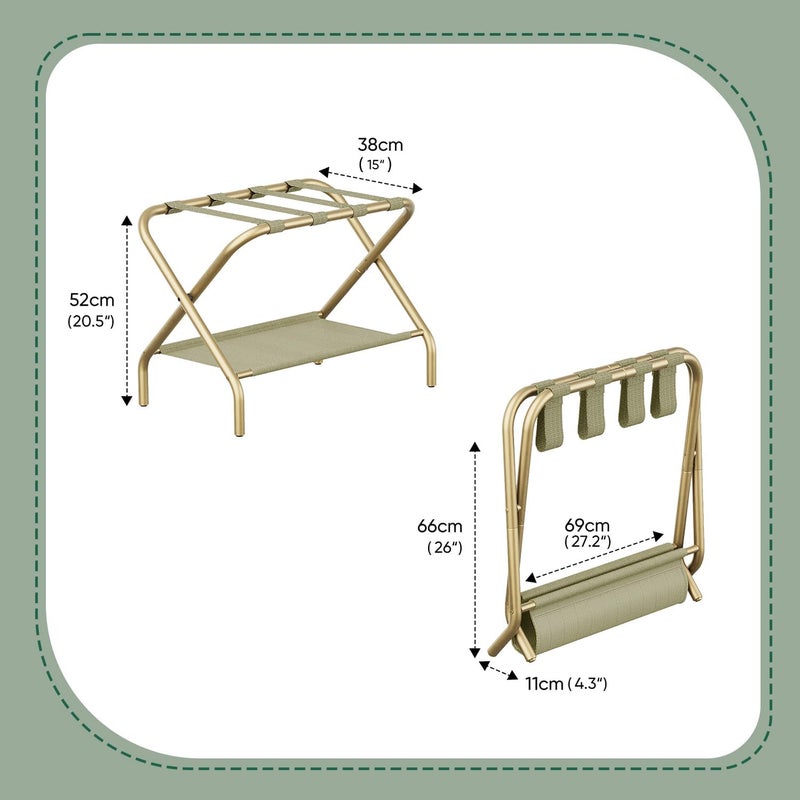 Smart FENDEE Gold Luggage Rack for Guest Room, Folding Suitcase Stand with Storage Shelf, Steel Portable Luggage Stand Bedroom, Hotel, Travel, Easy Assembly, Hold up to 110 lb - Image 5